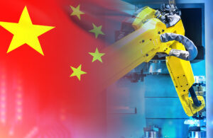 A robot arm with a Chinese flag overlaid.