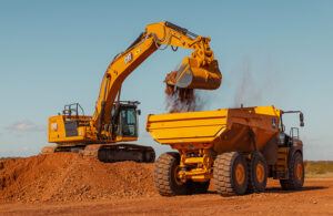 a caterpillar excavator autonomously loads dirt into a dump truck.