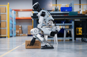 limx oli humanoid squats to pick up an item off the floor.