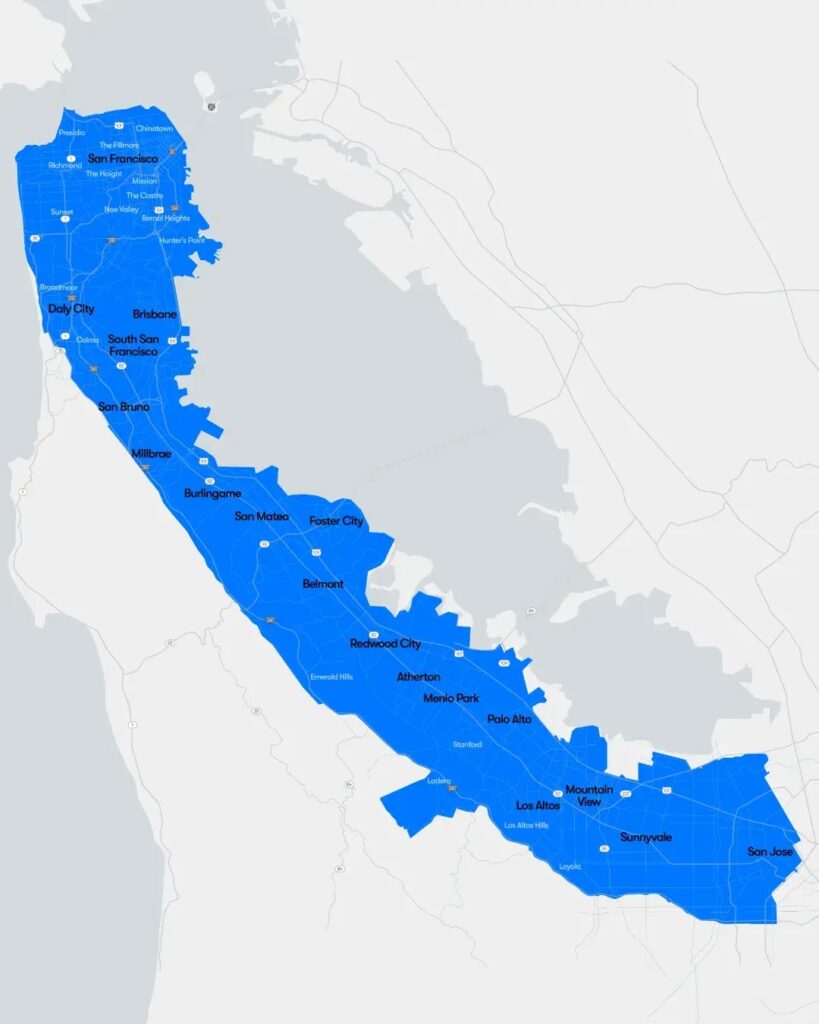 Waymo's new service map in the San Francisco Bay Area.
