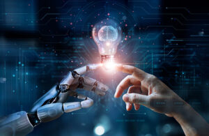 Ai generated image of a humanoid hand with finger outstretched, touching a human hand with finger outstretched.