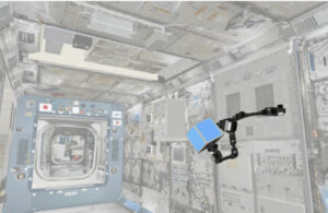 A rendering of a three-armed robot in the international space station.