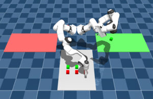 An illustration of two Franka arms picking items in simulation.